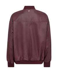 A dark burgundy leather jacket shown from the back, featuring a ribbed collar,   and ribbed cuffs and hem, set against a plain white backgroud