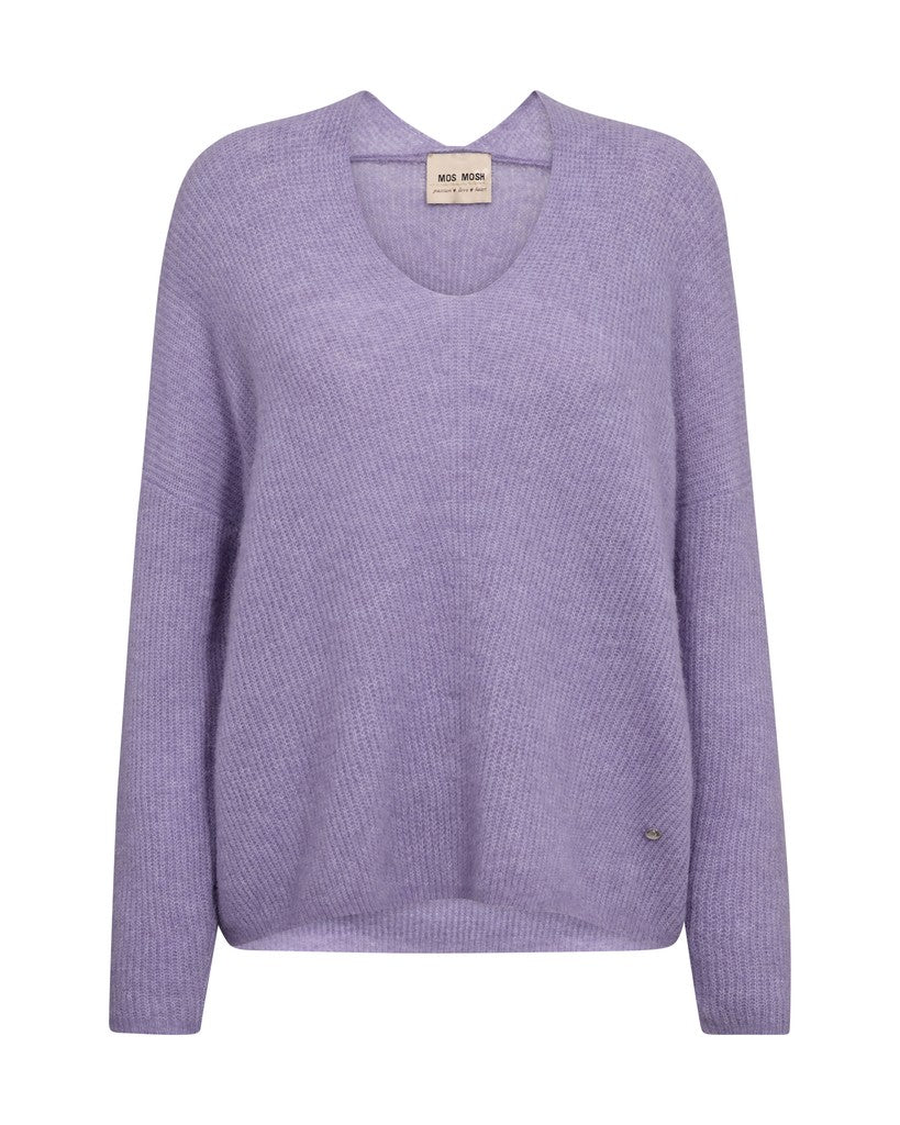Mos Mosh Thora knit sweater with a deep V-neck and long sleeves in lilac