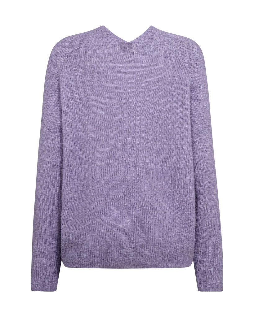 Mos Mosh Thora knit sweater with a deep V-neck and long sleeves in lilac