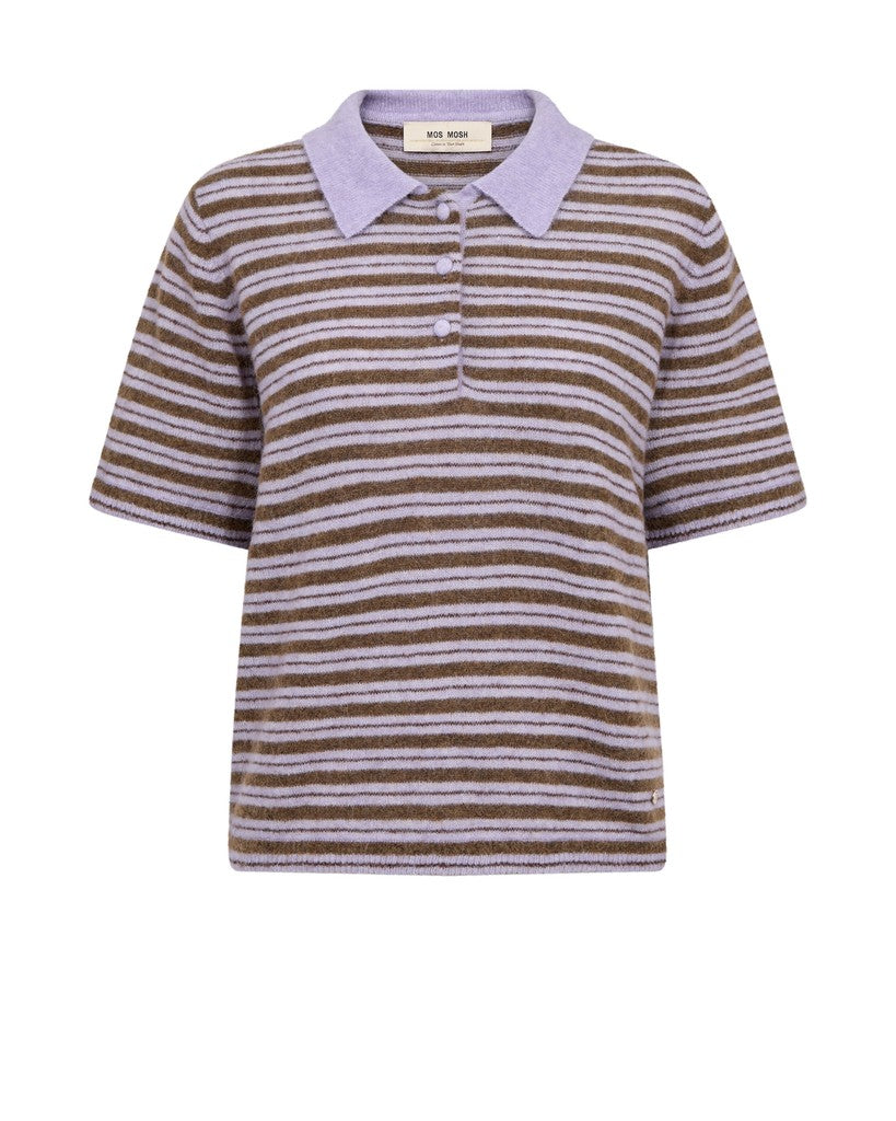 Mos Mosh short-sleeve knit polo shirt with horizontal brown and light lavender stripes, featuring a solid lavender collar and a three-button placket, shown on a plain white background.