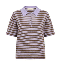 Mos Mosh short-sleeve knit polo shirt with horizontal brown and light lavender stripes, featuring a solid lavender collar and a three-button placket, shown on a plain white background.