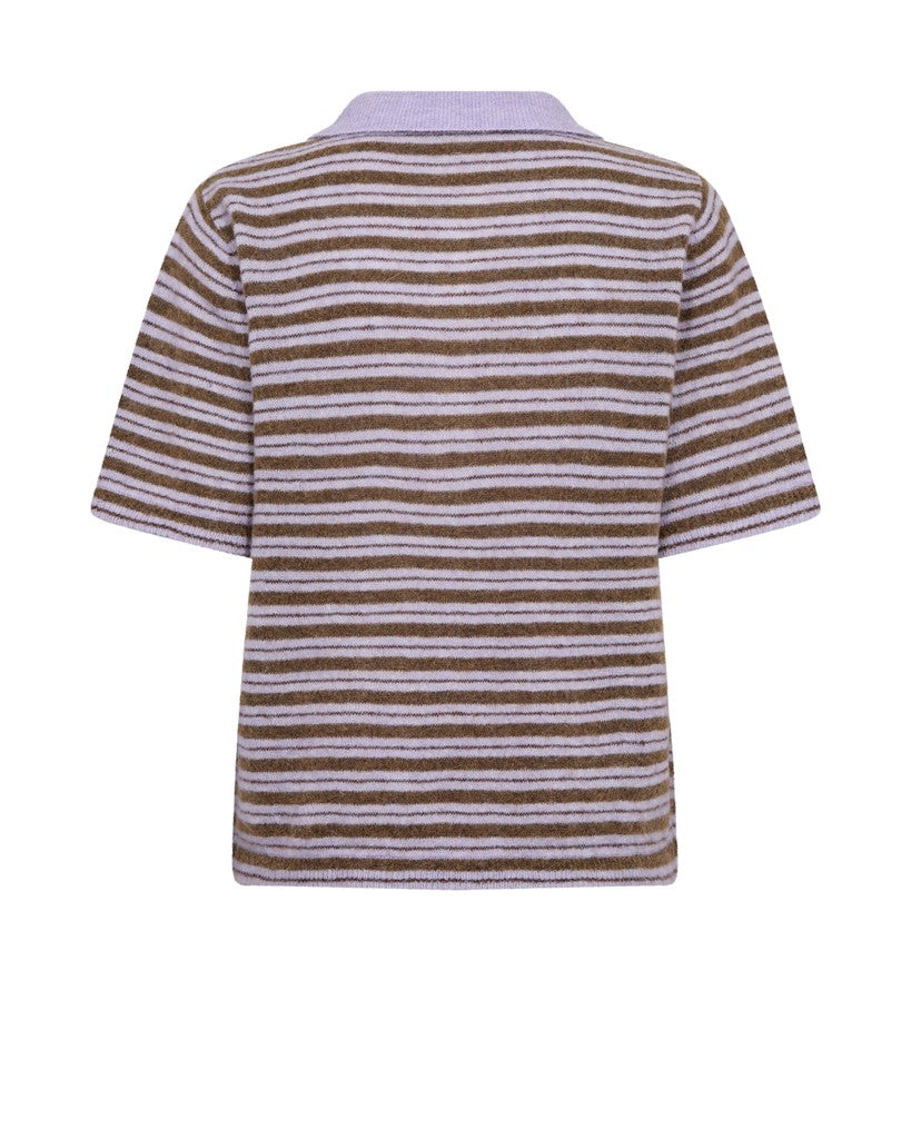 Mos Mosh short-sleeve knit polo shirt with horizontal brown and light lavender stripes, shown from the back against a plain white background.