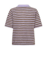 Mos Mosh short-sleeve knit polo shirt with horizontal brown and light lavender stripes, shown from the back against a plain white background.