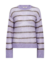 A light weight lilac knit sweater with horizontal brown stripes, shown against a plain white background.
