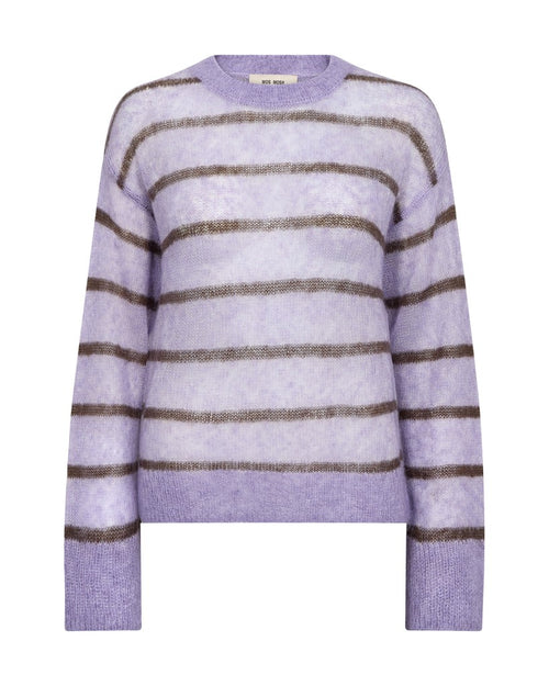 A light weight lilac knit sweater with horizontal brown stripes, shown against a plain white background.