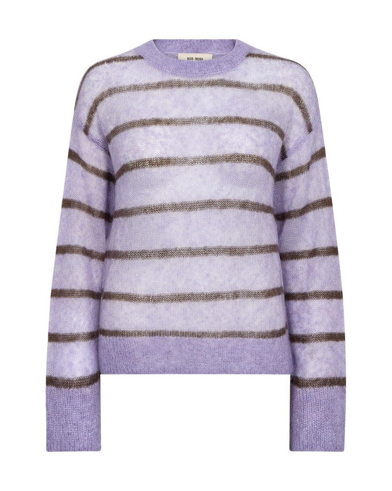 A light weight lilac knit sweater with horizontal brown stripes, shown against a plain white background.