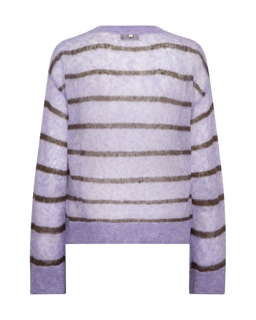 A light weight lilac knit sweater with horizontal brown stripes, shown against a plain white background.