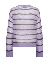 A light weight lilac knit sweater with horizontal brown stripes, shown against a plain white background.