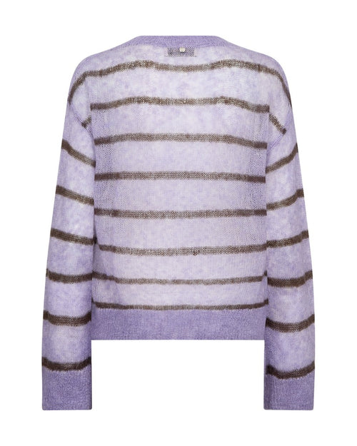 A light weight lilac knit sweater with horizontal brown stripes, shown against a plain white background.