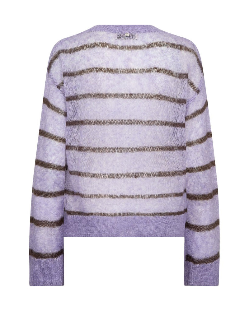 A light weight lilac knit sweater with horizontal brown stripes, shown against a plain white background.