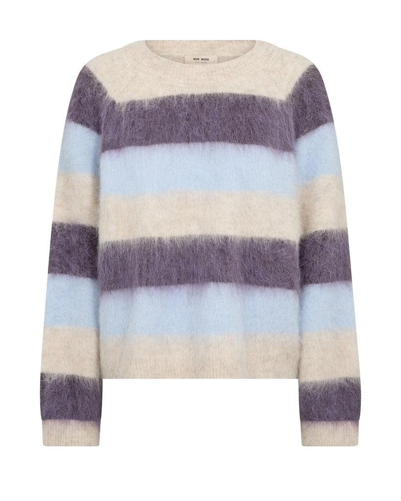 A fuzzy, long-sleeve crewneck Mos Mosh sweater with horizontal stripes in cream, light blue, and muted purple, shown against a plain white background.