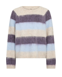 A fuzzy, long-sleeve crewneck Mos Mosh sweater with horizontal stripes in cream, light blue, and muted purple, shown against a plain white background.