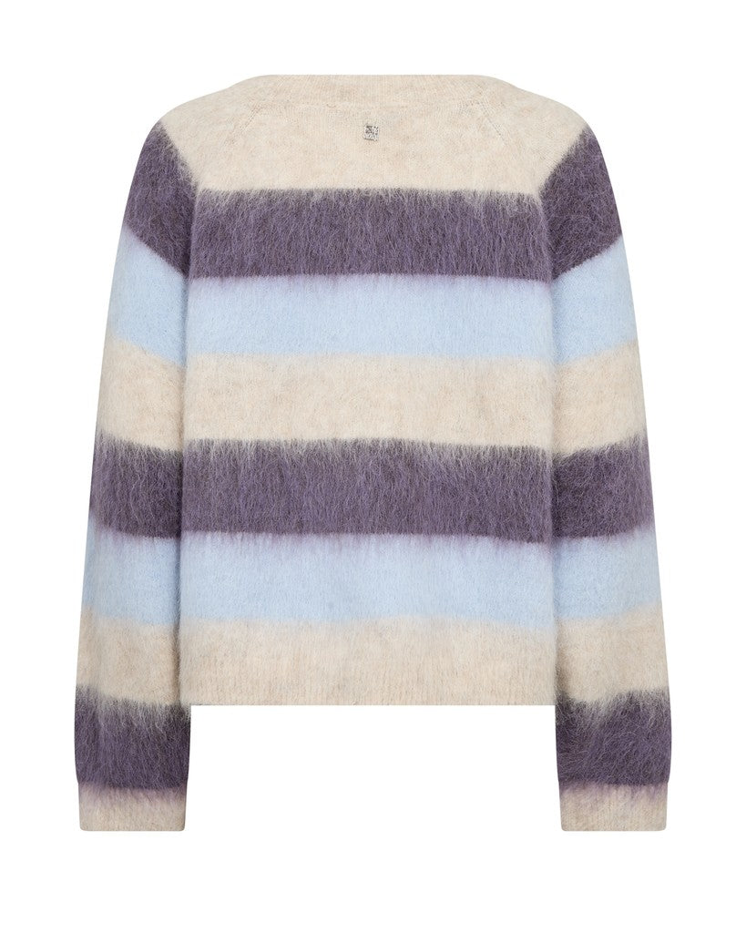 Striped Mos Mosh sweater with purple, blue, and beige colors on a white background