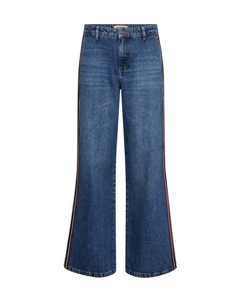 Blue wide-leg Mos Mosh denim jeans with thin red and white striped side panels, shown against a plain white background.