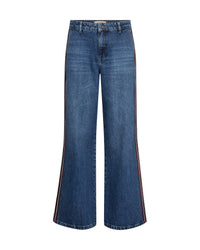Blue wide-leg Mos Mosh denim jeans with thin red and white striped side panels, shown against a plain white background.