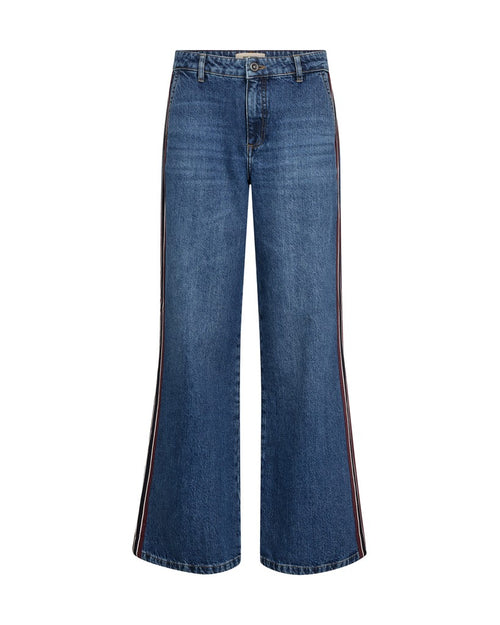 Blue wide-leg Mos Mosh denim jeans with thin red and white striped side panels, shown against a plain white background.