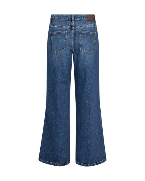 Back view of a pair of  Mos Mosh blue wide-leg denim jeans with a brown leather patch on the back waistband, shown on a plain white background.