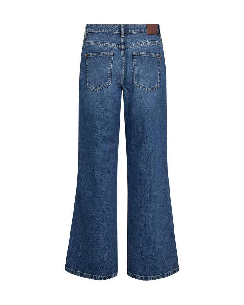 Back view of a pair of  Mos Mosh blue wide-leg denim jeans with a brown leather patch on the back waistband, shown on a plain white background.