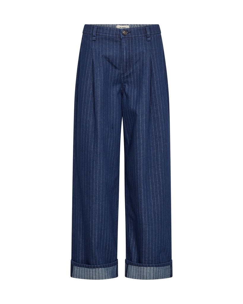 Mos Mosh dark blue denim cropped pants with thin white vertical pinstripes and rolled cuffs, shown against a plain white background.