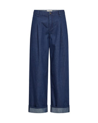 Mos Mosh dark blue denim cropped pants with thin white vertical pinstripes and rolled cuffs, shown against a plain white background.