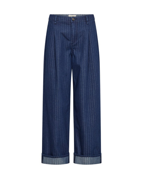 Mos Mosh dark blue denim cropped pants with thin white vertical pinstripes and rolled cuffs, shown against a plain white background.