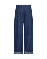 Mos Mosh wide-leg trousers in dark blue denim with thin vertical white pinstripes, featuring rolled cuffs and a single back pocket with a small metal button, shown against a plain white background.