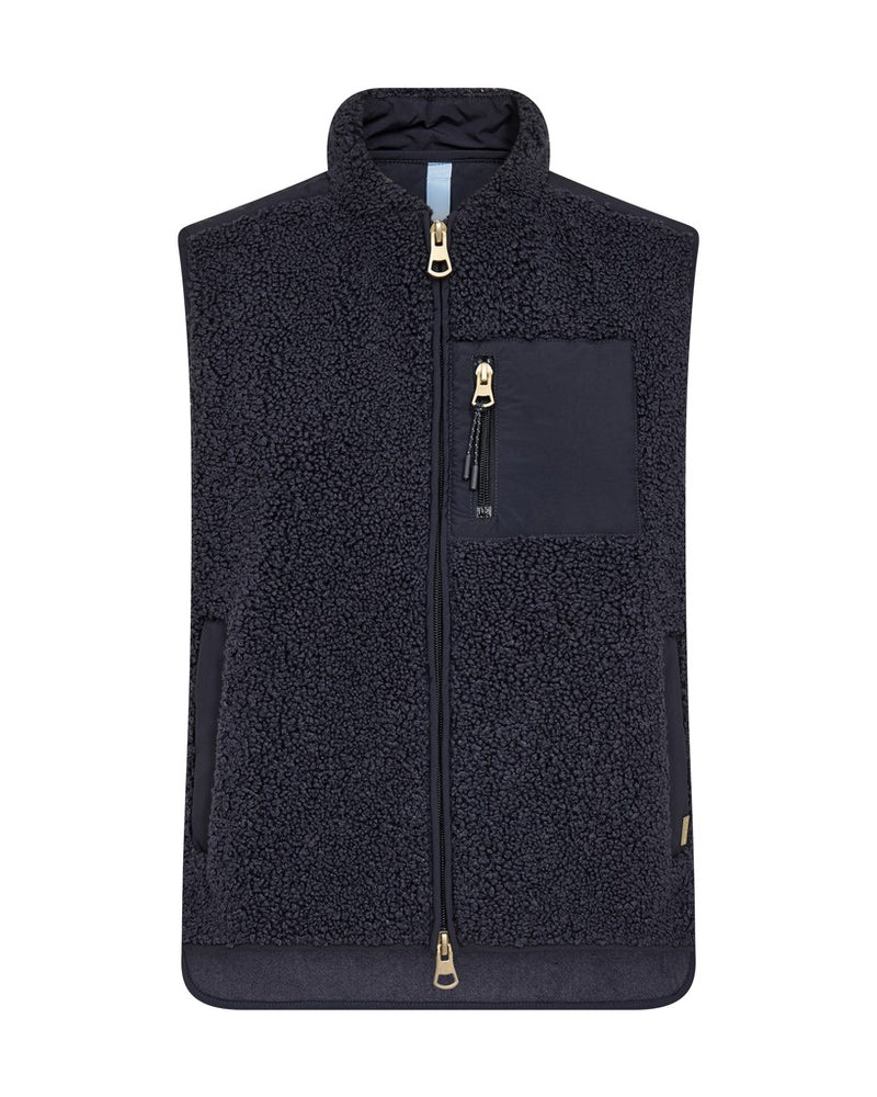 a dark navy Mos Mosh fleece vest with two way zip and zipped pocket 