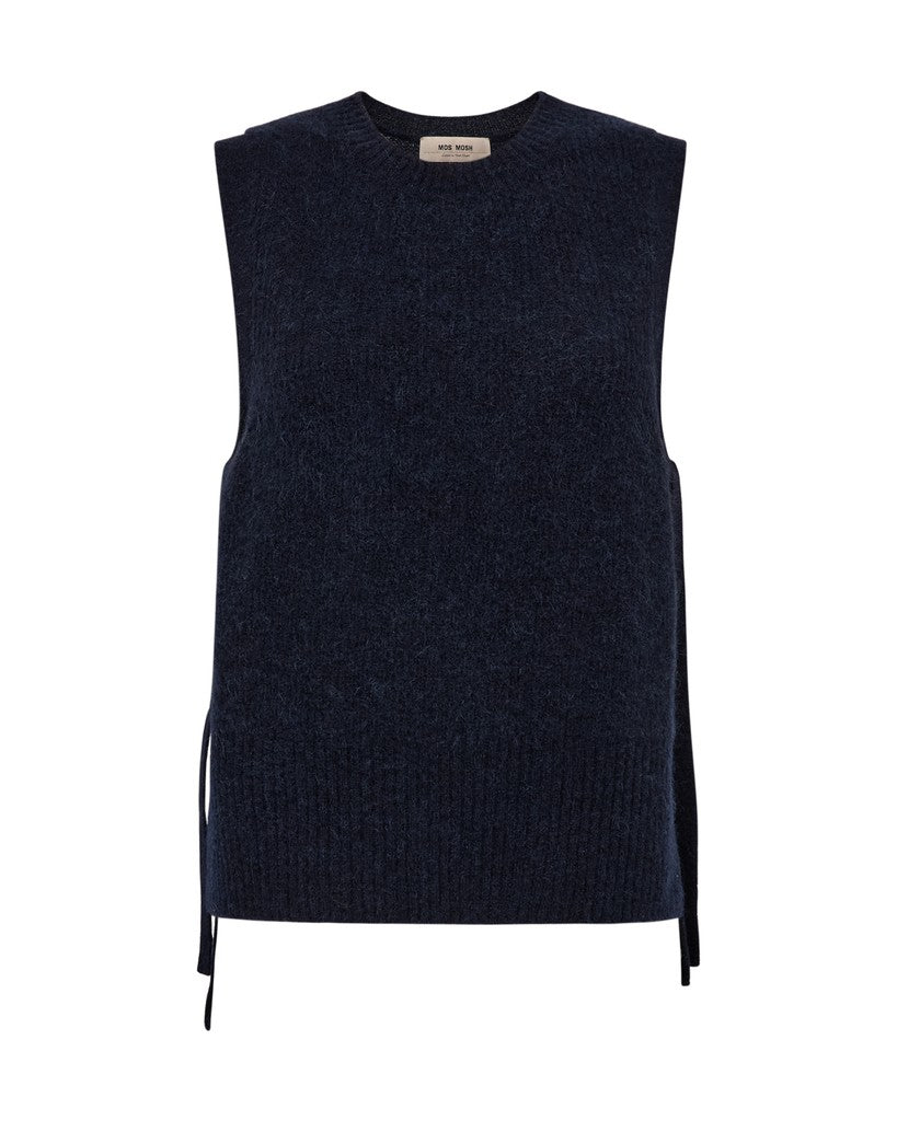 A sleeveless navy blue Mos Mosh knit sweater vest with side tie details