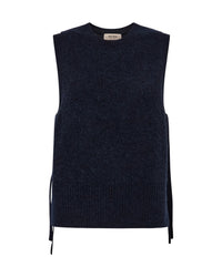 A sleeveless navy blue Mos Mosh knit sweater vest with side tie details