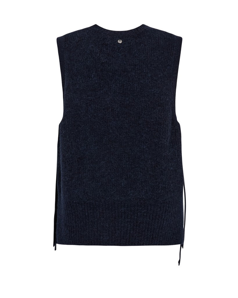 Back view of sleeveless dark navy blue Mos Mosh knit sweater vest with a small metal button at the neckline and drawstring ties at the side hem 