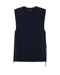 Back view of sleeveless dark navy blue Mos Mosh knit sweater vest with a small metal button at the neckline and drawstring ties at the side hem 