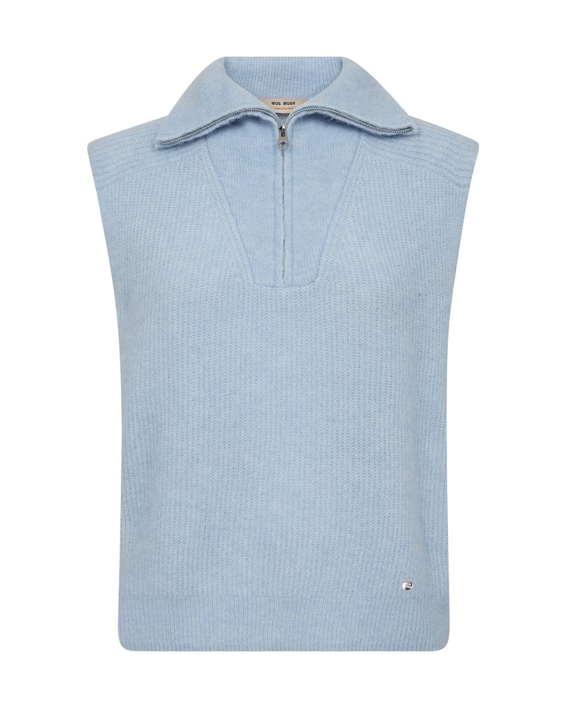 Mos Mosh light blue Thora ribbed knit sleeveless quarter-zip sweater vest with a high neck collar, shown against a plain white background.