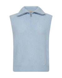 Mos Mosh light blue Thora ribbed knit sleeveless quarter-zip sweater vest with a high neck collar, shown against a plain white background.