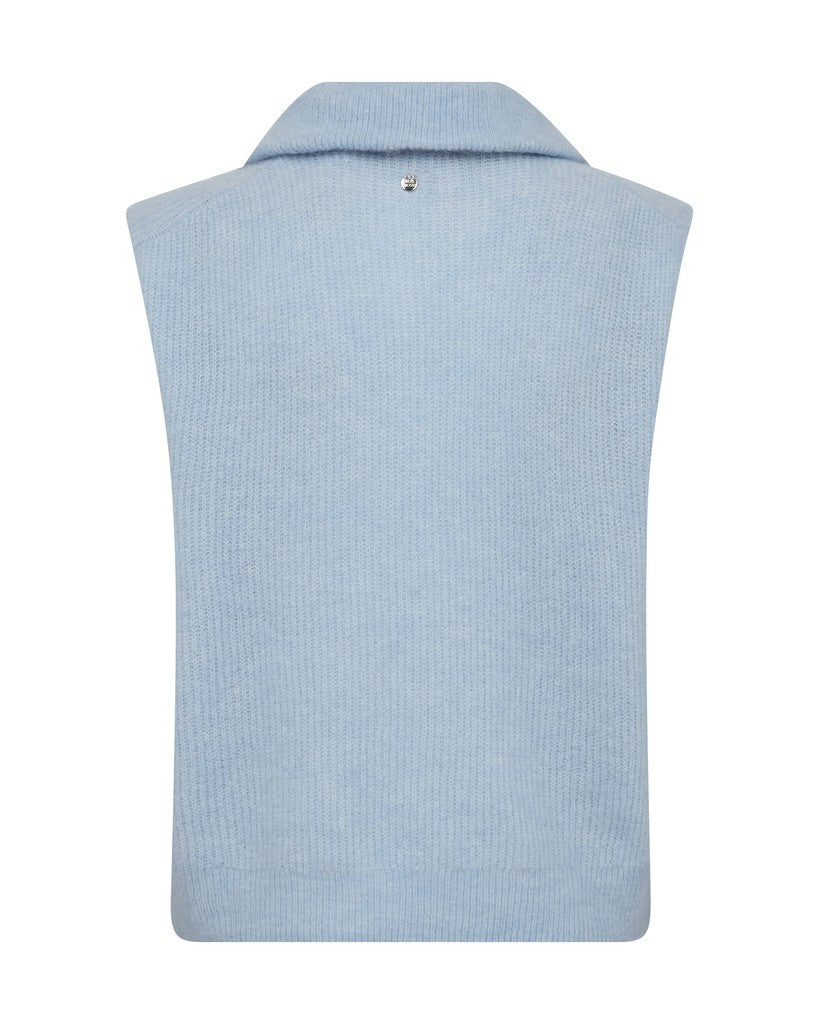 Mos Mosh light blue Thora ribbed knit sleeveless quarter-zip sweater vest with a high neck collar, shown against a plain white background.