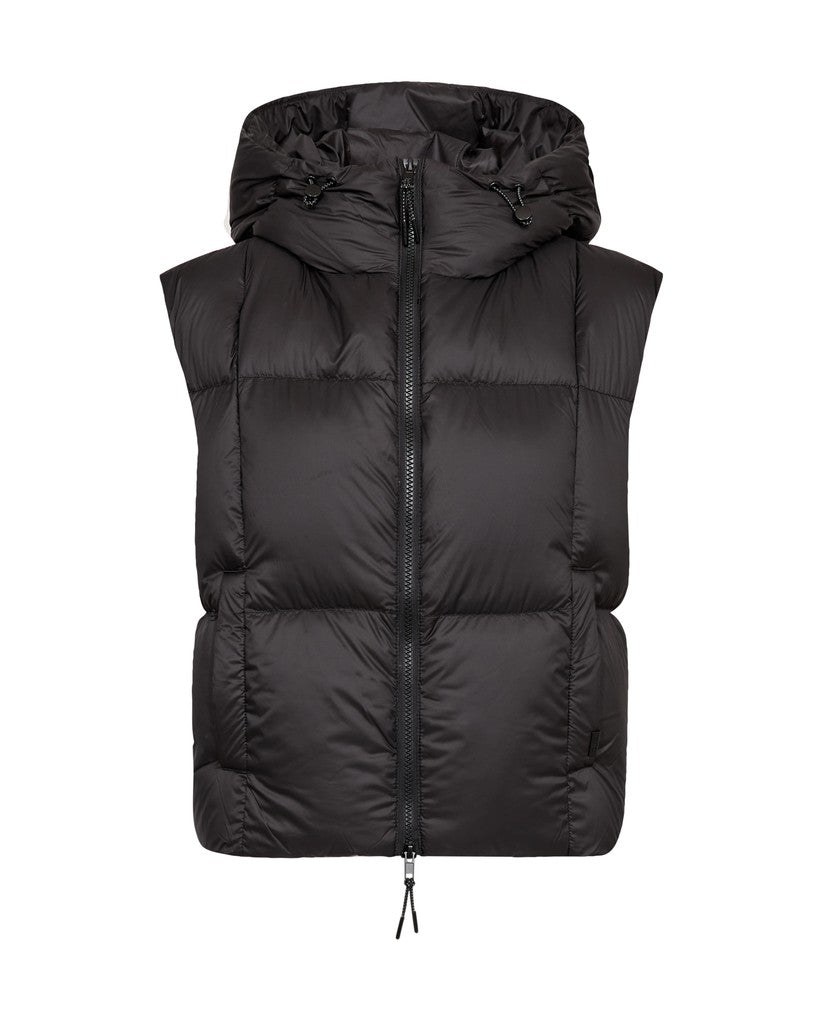 A black hooded Mos Mosh puffer vest with horizontal quilting and a front zipper, shown against a plain white background.