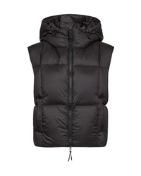 A black hooded Mos Mosh puffer vest with horizontal quilting and a front zipper, shown against a plain white background.