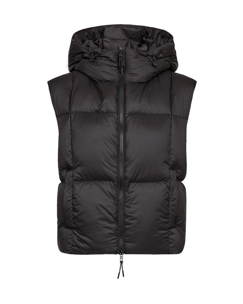 A black hooded Mos Mosh puffer vest with horizontal quilting and a front zipper, shown against a plain white background.