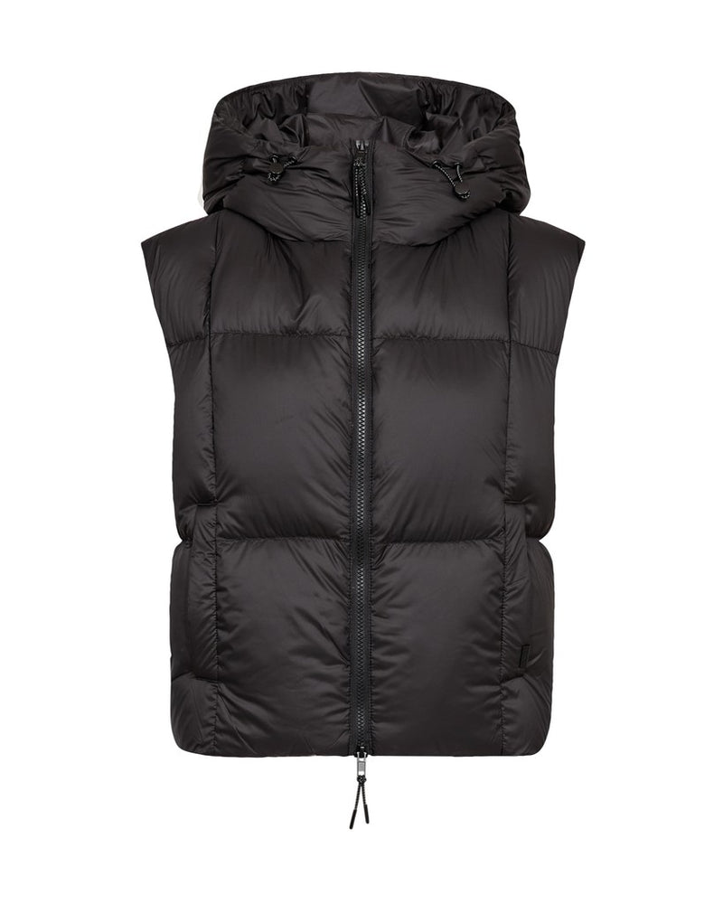 A black hooded Mos Mosh puffer vest with horizontal quilting and a front zipper, shown against a plain white background.