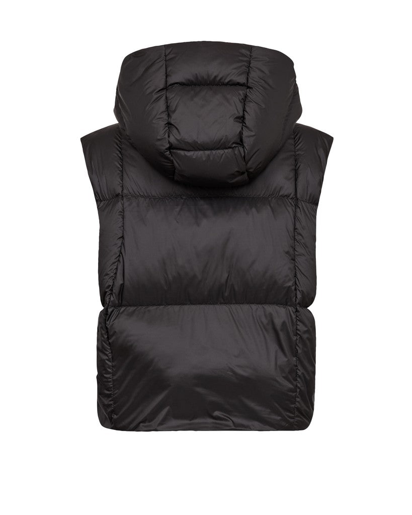 A black Mos Mosh puffer vest with a hood, shown from the back against a plain white background.