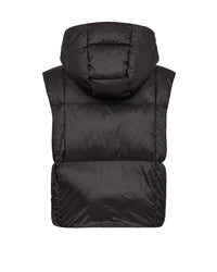 A black Mos Mosh puffer vest with a hood, shown from the back against a plain white background.