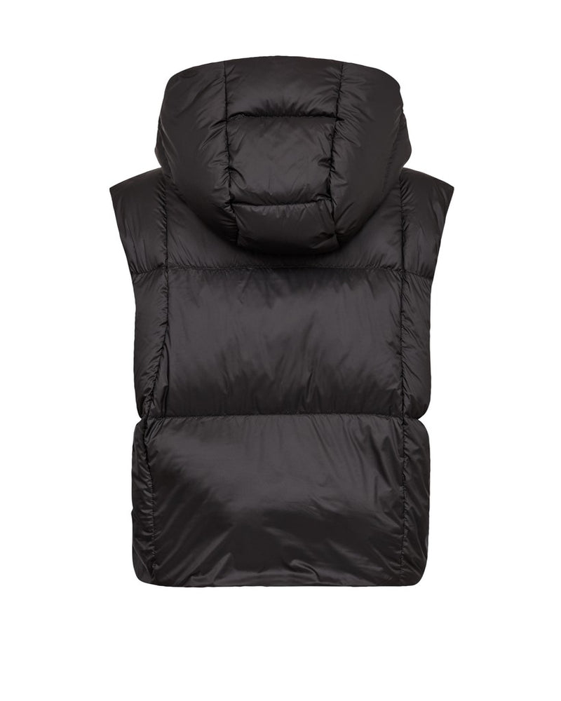 A black Mos Mosh puffer vest with a hood, shown from the back against a plain white background.