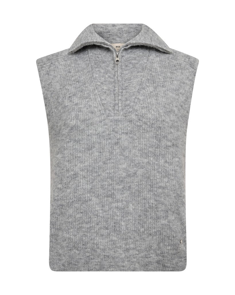 Mos  Mosh light grey ribbed knit sleeveless quarter-zip sweater vest with a stand collar
