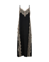 Black slip dress with soft beige lace trim 