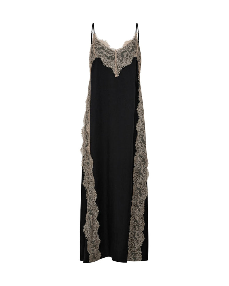 Black slip dress with soft beige lace trim 