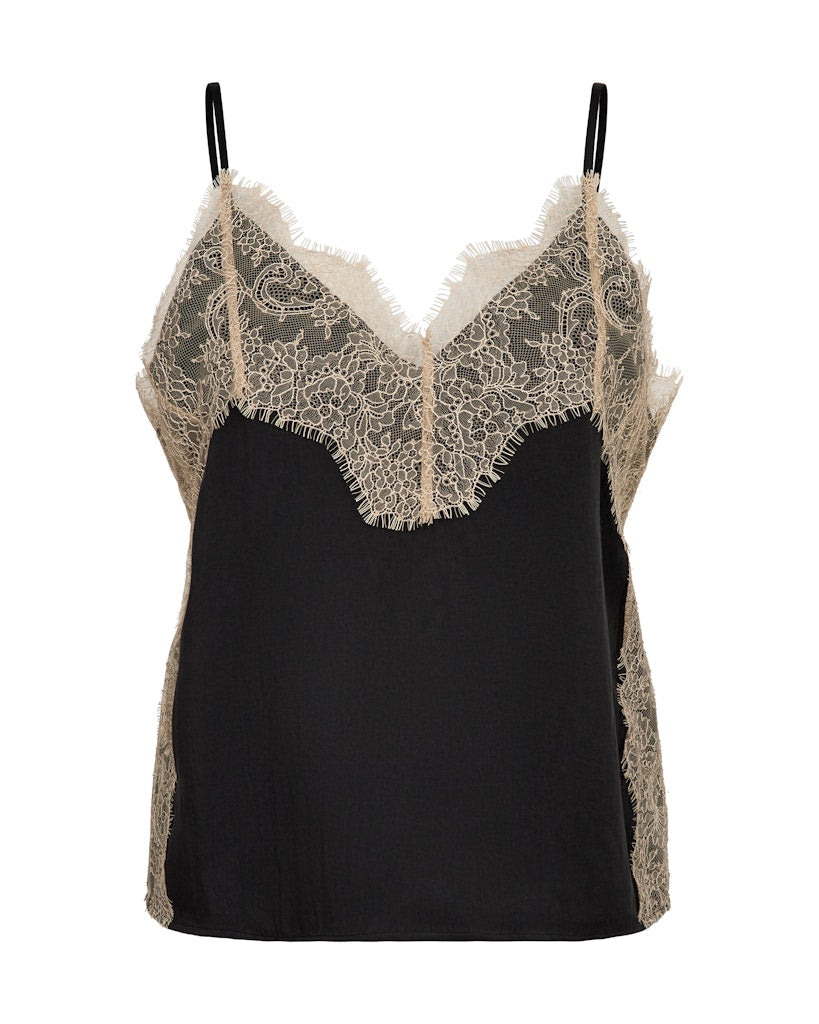 Black slip top with lace trim on a white background
