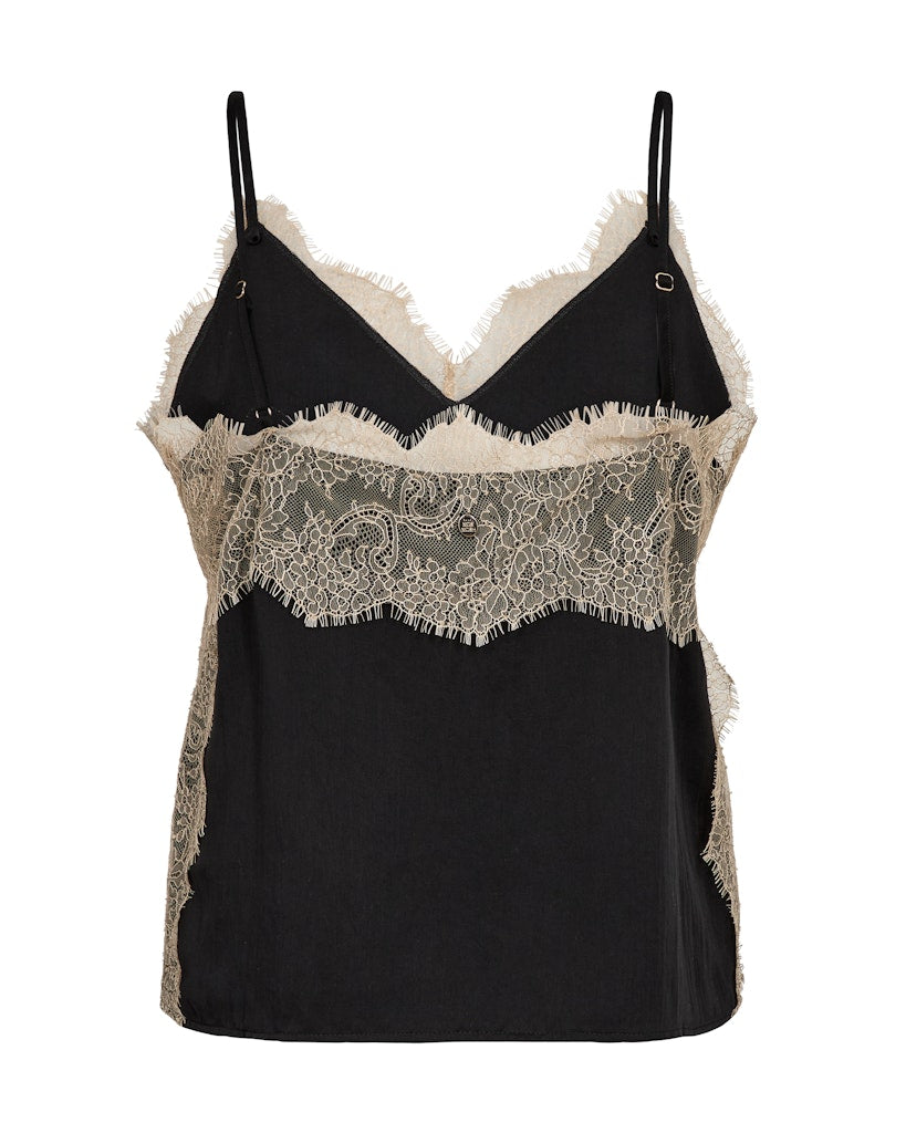 Black lace-trimmed top on a white background
