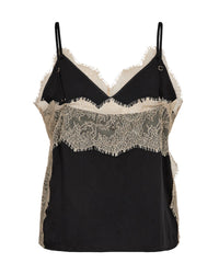 Black lace-trimmed top on a white background