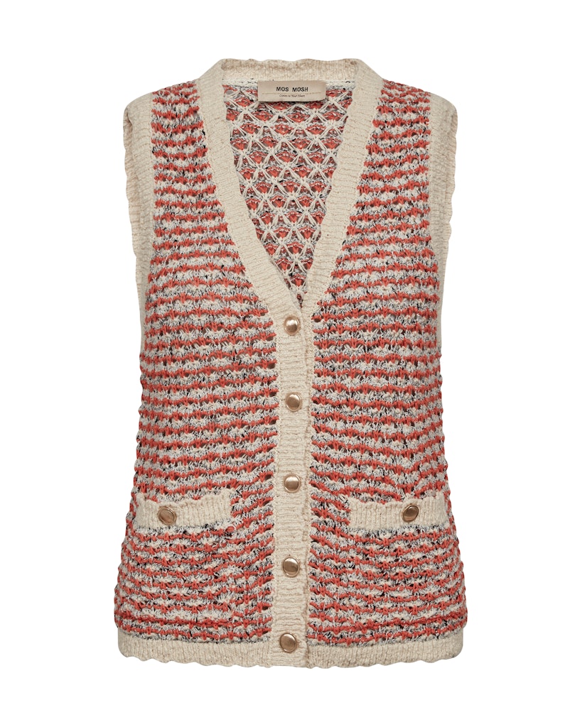 Textured summer vest knit with a patterned design in cream and orange