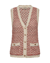 Textured summer vest knit with a patterned design in cream and orange