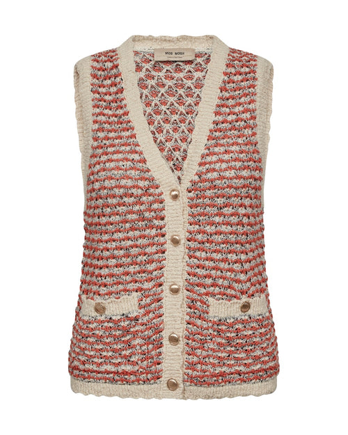 Textured summer vest knit with a patterned design in cream and orange